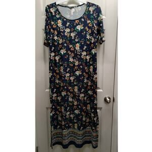Sami & Jo Size XL Navy Blue Floral Boho Trim Short Sleeve Stretch Maxi Dress